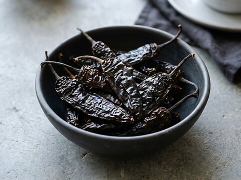 A dark ceramic bowl filled with dried chile pasilla peppers placed on a textured grey surface, highlighting the authentic ingredients for Mexican food.