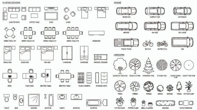 Top down view of architectural CAD blocks featuring furniture vehicles landscaping and bathroom symbols for floor plans, concept for architectural drawing, interior design and site planning