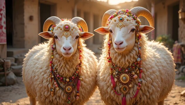  Beautiful fluffy sheep decorated with traditional ornaments, thick curly wool, colorful beads, floral garlands, henna patterns on wool, festive ribbons, standing in a rural village courtyard, warm go