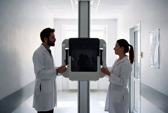 Two doctors are positioned in front of an X-ray machine, likely preparing for a scan. The setting is a sterile medical hallway.