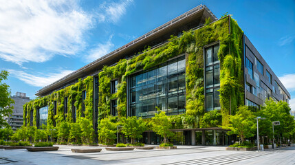 Obraz premium Modern Office Building with Vertical Garden Facade and Solar Panels Blue Sky