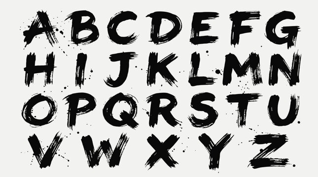 Full set of artistic hand-painted brush stroke alphabet letters from A to Z with black ink splatters, concept for creative typography design, branding identity and street poster layout