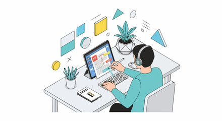 Fototapeta premium Isometric illustration of a man editing and annotating a PDF document on a digital tablet at a modern desk workspace.