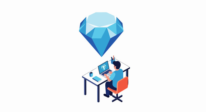 Isometric Concept of High Value Work and Wealth Creation with a Man Working on a Laptop Under a Large Diamond Gemstone