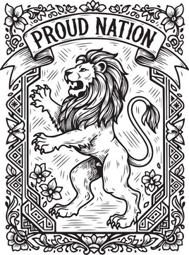 Majestic lion emblem with proud nation banner in ornate frame design hand drawing illustration vector