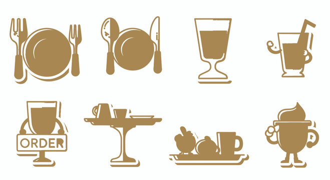 Set of golden food and drink icons on white background. Restaurant and cafe symbols.