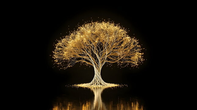 Abstract Glowing Golden Tree on Dark Background with Reflection