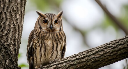 Fototapeta premium Owl perched on tree branch close up eye contact wildlife bird.