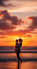 Fototapeta premium Silhouette of woman holding baby on beach at sunset mother's day background wallpaper poster banner download 2026 2027 4