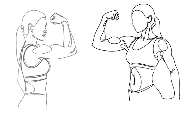 Continuous single line drawing of fit woman flexing arm muscles, line art vector 
