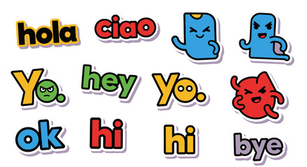 Cute Cartoon Speech Bubble Stickers with Greetings and Emotions © atha_lintar