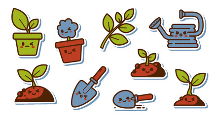 Cute Gardening Icons: Sprout, Plants, Watering Can, Tools, Sticker Set © atha_lintar