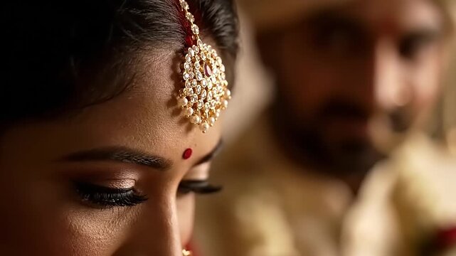 Close-up of Indian Bride and Groom during Wedding Ceremony.