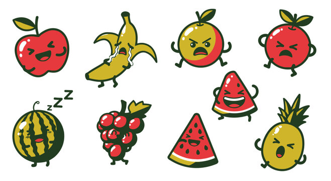 Funny Cartoon Fruits Characters with Different Emotions - Vector Set