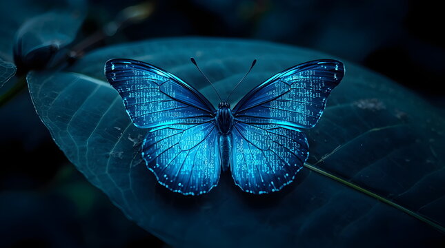 Macro Photography of a Blue Butterfly with Digital Code Wings on a Leaf
