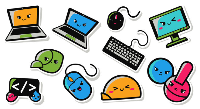 Cute Cartoon Computer Icons and Tech Gadgets with Funny Faces