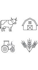 Naklejka premium Set of farming icons including cow, barn, tractor and wheat. Agriculture and livestock breeding symbols for farm business illustration. Minimalist black outline design for industry.