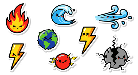 Cute Elements Stickers: Fire, Water, Wind, Earth, Lightning, Storm © atha_lintar