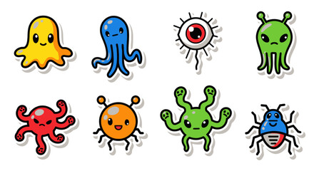 Obraz premium Cute cartoon aliens and monsters vector collection, fun characters, sticker style