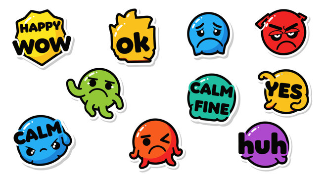Collection of Cute Cartoon Emoticon Stickers with Different Emotions