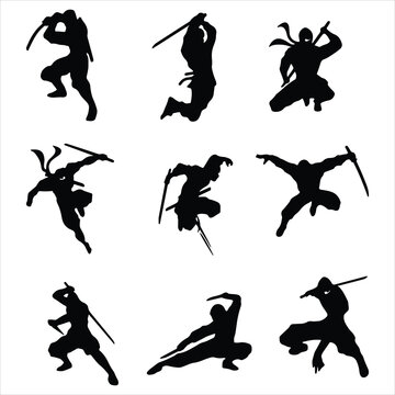 Black Silhouettes of Ninjas in Dynamic Sword Combat Poses