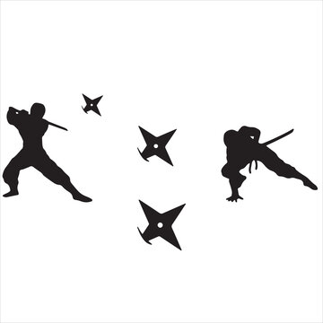 Black Silhouettes of Ninjas in Combat Poses with Swords and Shuriken