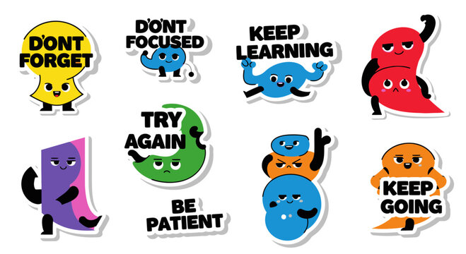 Motivational Stickers: Keep Going, Try Again, Don't Forget, Be Patient, Keep Learning