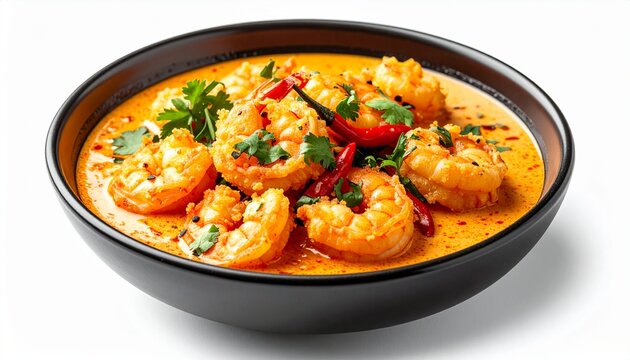cooked shrimp prawn seafood in spicy orange curry sauce