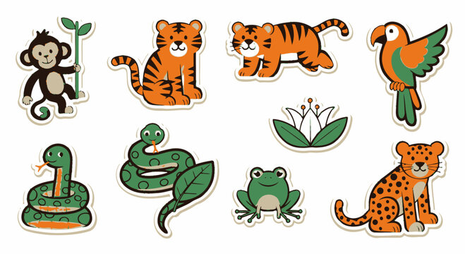Jungle Animals Sticker Set: Monkey, Tiger, Parrot, Snake, Frog, Leopard, Flower