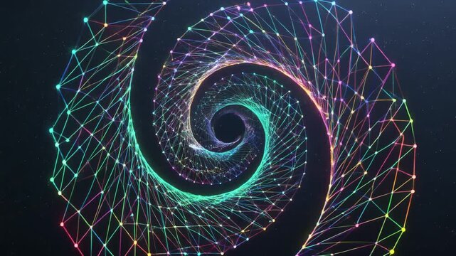 Abstract Glowing Colorful Digital Wireframe Spiral Tunnel Network Pulsating in Dark Starry Space Background