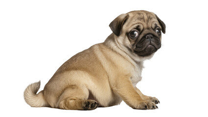 Obraz premium Tan pug puppy lying down, gazing forward with soft eyes and curled tail