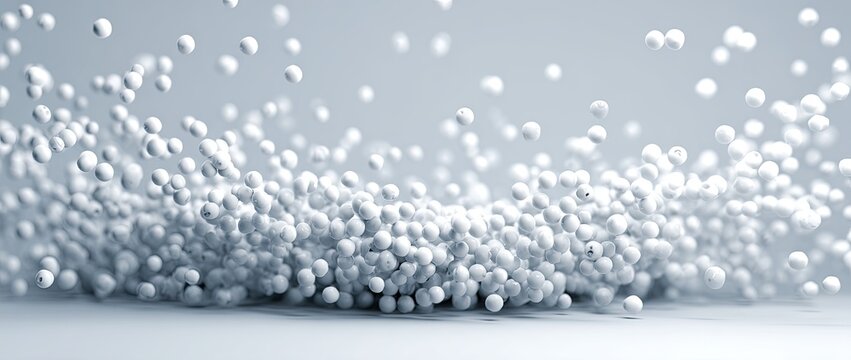 An abstract image of a mass of white spherical objects seemingly floating in a fluid environment