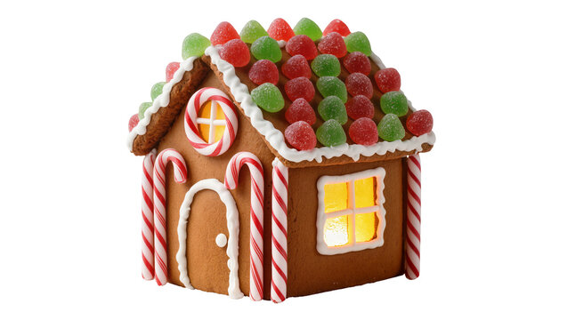 Festive gingerbread house decorated with colorful candy gumdrops, and peppermint sticks