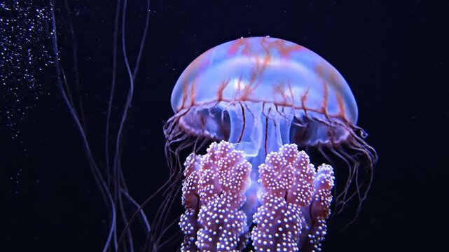 Translucent blue and orange jellyfish swimming in dark water