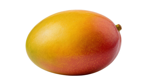 Ripe yellow mango displaying red blush, showcasing smooth skin and a green stem