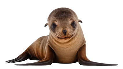Brown juvenile sea lion resting, displaying whiskers and dark flippers © Eva