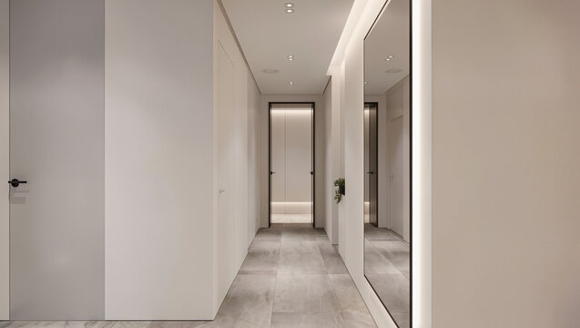 Bright minimalist hallway with sleek mirror and modern lighting
