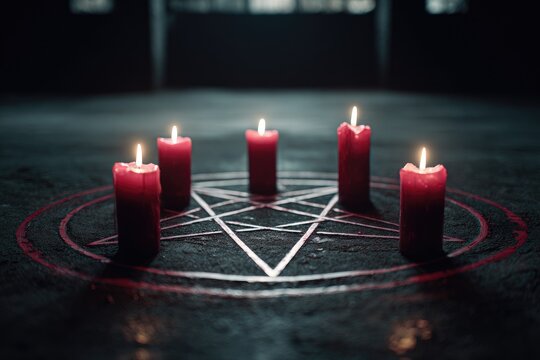 Dramatic overhead shot of a pentagram on the floor with five lit red candles illuminating the scene