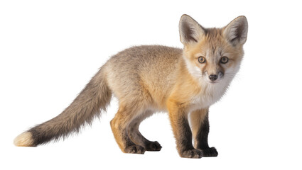 Obraz premium Young reddish-brown fox cub standing, gazing forward with alert amber eyes