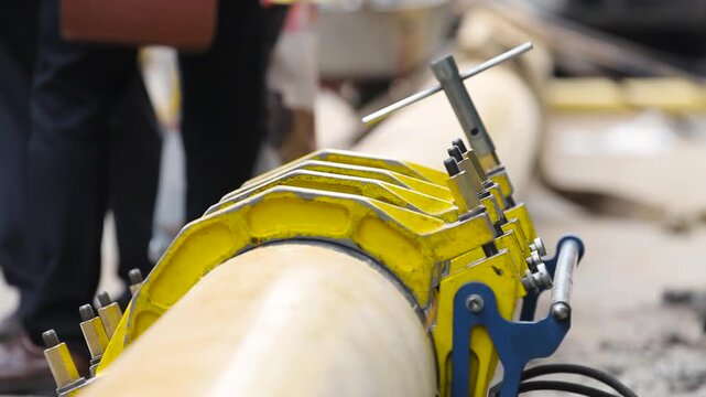 Yellow Pipe Welding Clamp Fitted on Large Plastic Gas Pipe for Butt Fusion Welding. Gas Pipeline Construction Equipment on a Construction Site.