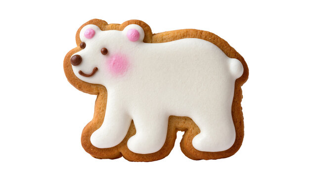 Gingerbread polar bear cookie frosted with vanilla icing, decorated with pink cheeks