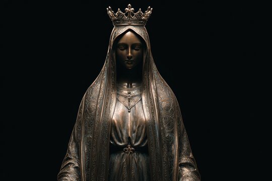A detailed bronze statue of a woman wearing a crown and robe, set against a black background