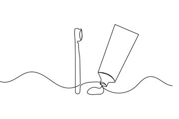 Obraz premium Continuous line drawing of toothbrush and toothpaste dental care icon