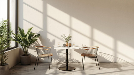 Fototapeta premium Cozy Outdoor Cafe Seating Area with Modern Design and Sunlight Shadows in Minimalistic Environment
