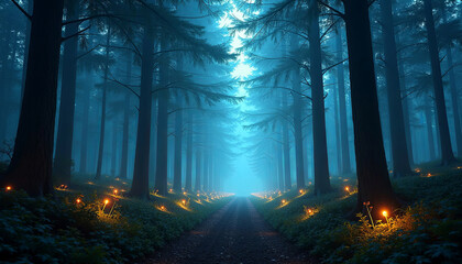 Obraz premium Enchanted forest pathway illuminated by soft glowing lights, surrounded by tall trees and mist, creating a mystical atmosphere for exploration and adventure