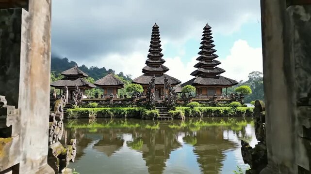 Traditional Balinese Hindu water temple surrounded by lush bamboo forest