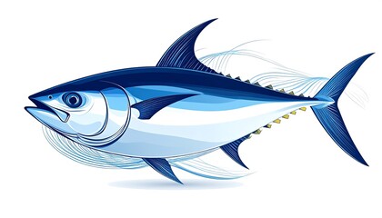 Fototapeta premium Digital illustration of a streamlined, marine creature with blue, white, and yellow hues. Depicts a sleek body, fins, and a prominent dorsal fin