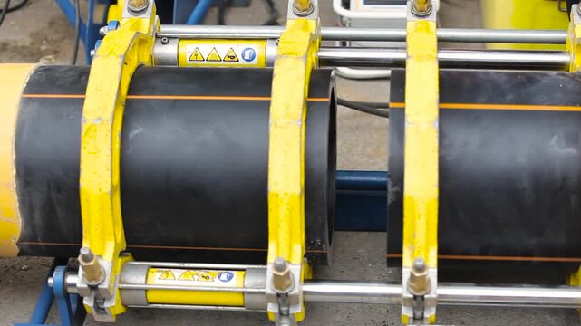 Butt Fusion Welding Machine Clamped on Black HDPE Gas Pipe at a Construction Site. Pipeline Jointing Equipment for Polyethylene Gas Pipe Installation.