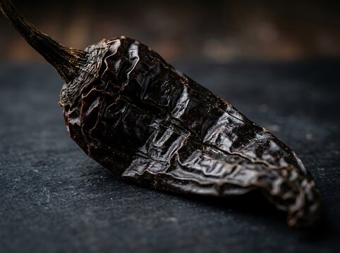 A single dried chile pasilla resting on a dark slate background, featuring a close-up texture shot highlighting the deep wrinkled skin of the pepper