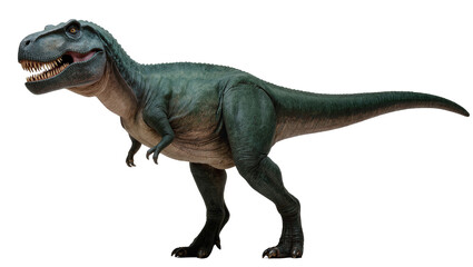 Fototapeta premium Detailed green Tyrannosaurus Rex standing, displaying sharp teeth and powerful claws